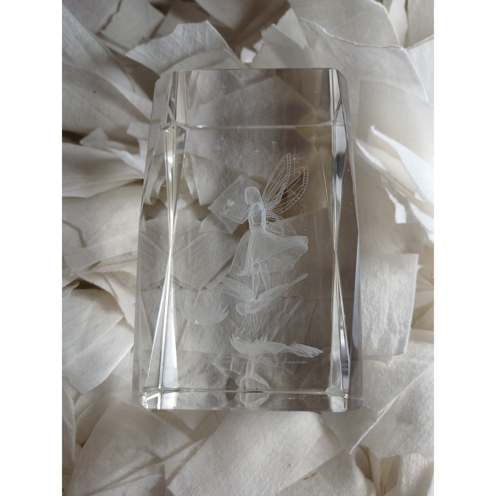 Vintage 3D Laser Etched Fairy with Wings Crystal/Glass Paperweight 3" x 2" - Picture 4 of 5